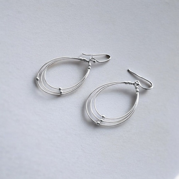 Sterling Silver 3 Wire Beaded Teardrop Dangle Earrings - Picture 1 of 7